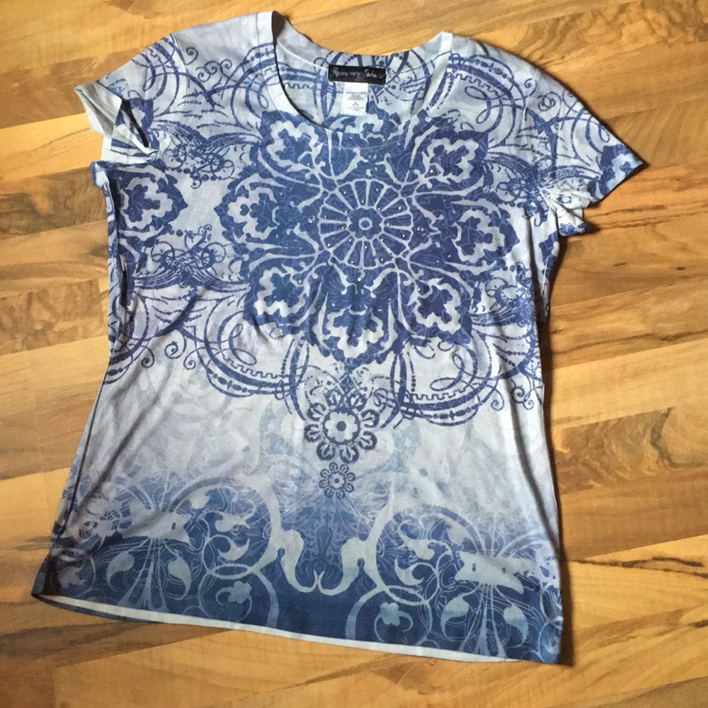 5/$25 APPROPRIATE BEHAVIOR Mandala Rhinestone Short Sleeve Graphic Tee Blue Med - Picture 10 of 10